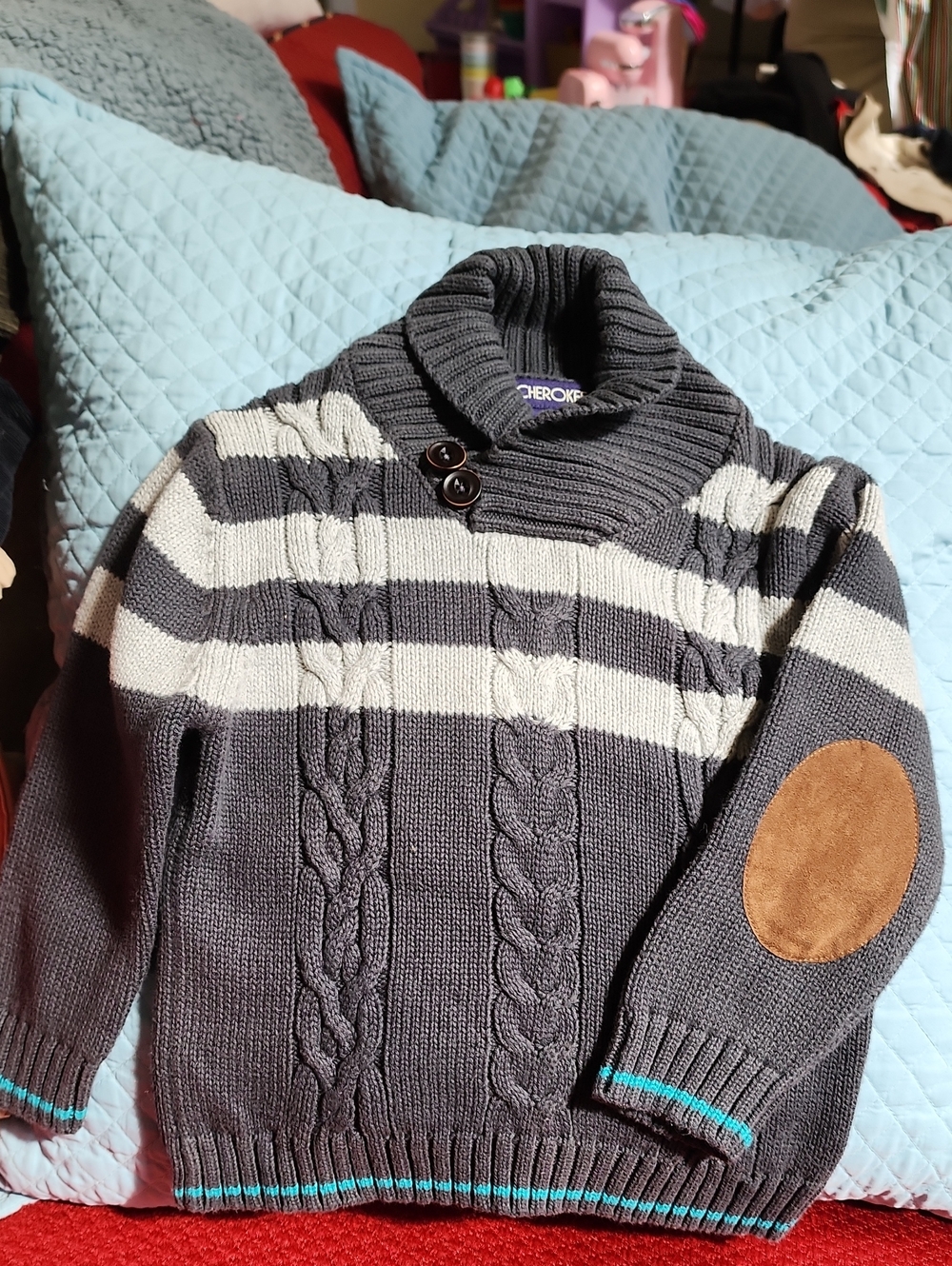 3T Cherokee Gray Striped Cotton Cable-Knit Shawl Collar Sweater